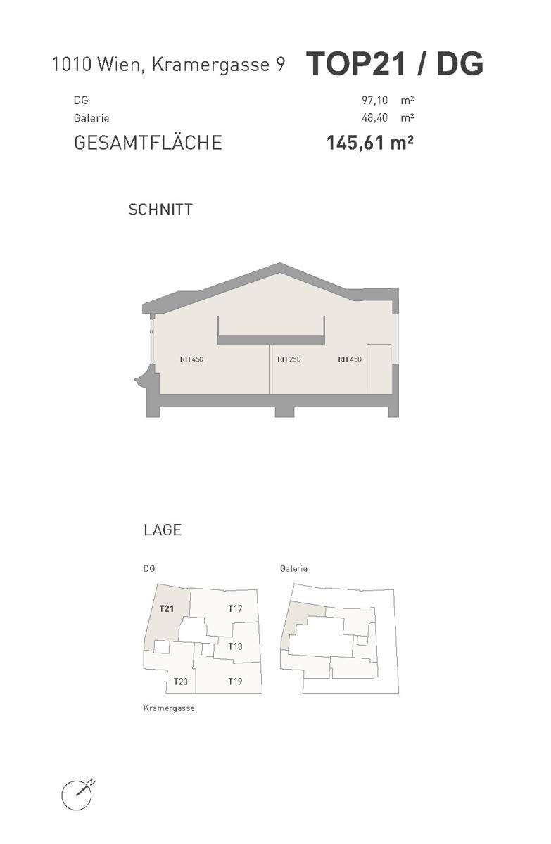 Schnittansicht des Gebäudes und Lageplan der Wohneinheiten im Dachgeschoss.