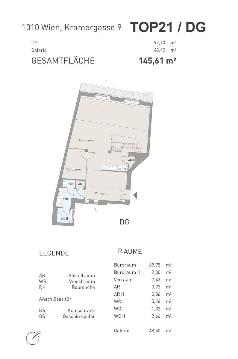 Detaillierter Grundriss des Dachgeschosses mit Raumaufteilung und Gesamtfläche von 145,61 m².