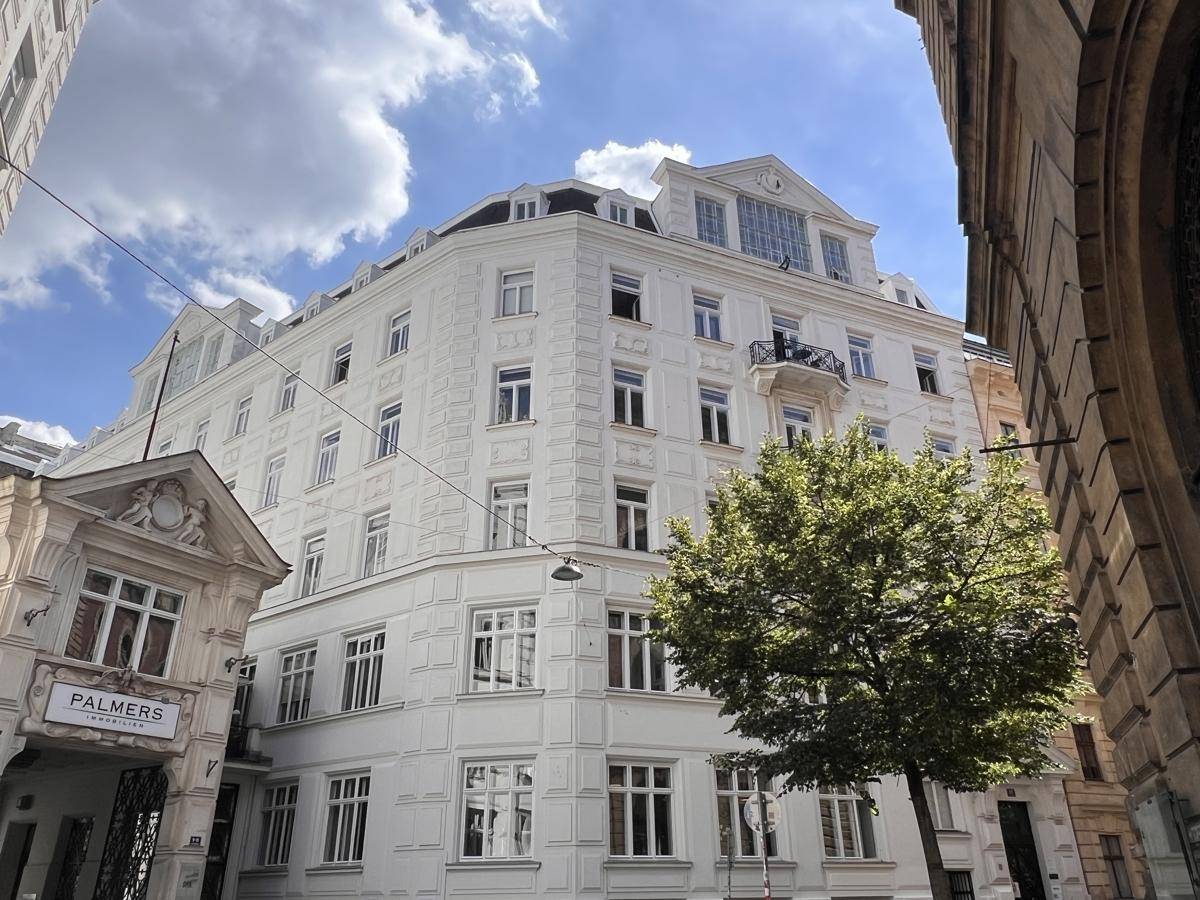 Elegantes weißes Gebäude mit klassischer Architektur und einem Baum im Vordergrund an einem sonnigen Tag.
