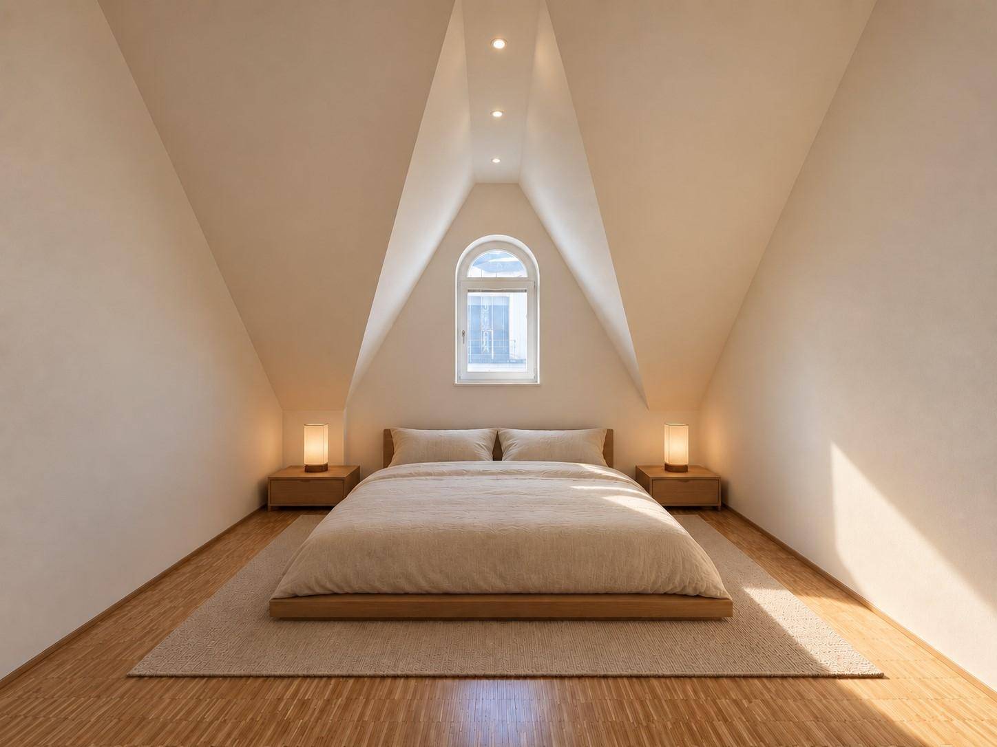 Symmetrisches Dachzimmer mit warmem Licht