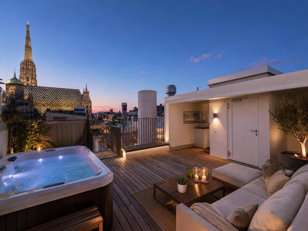 Exklusive Dachterrasse mit Whirlpool und atemberaubendem Blick auf den Stephansdom.
