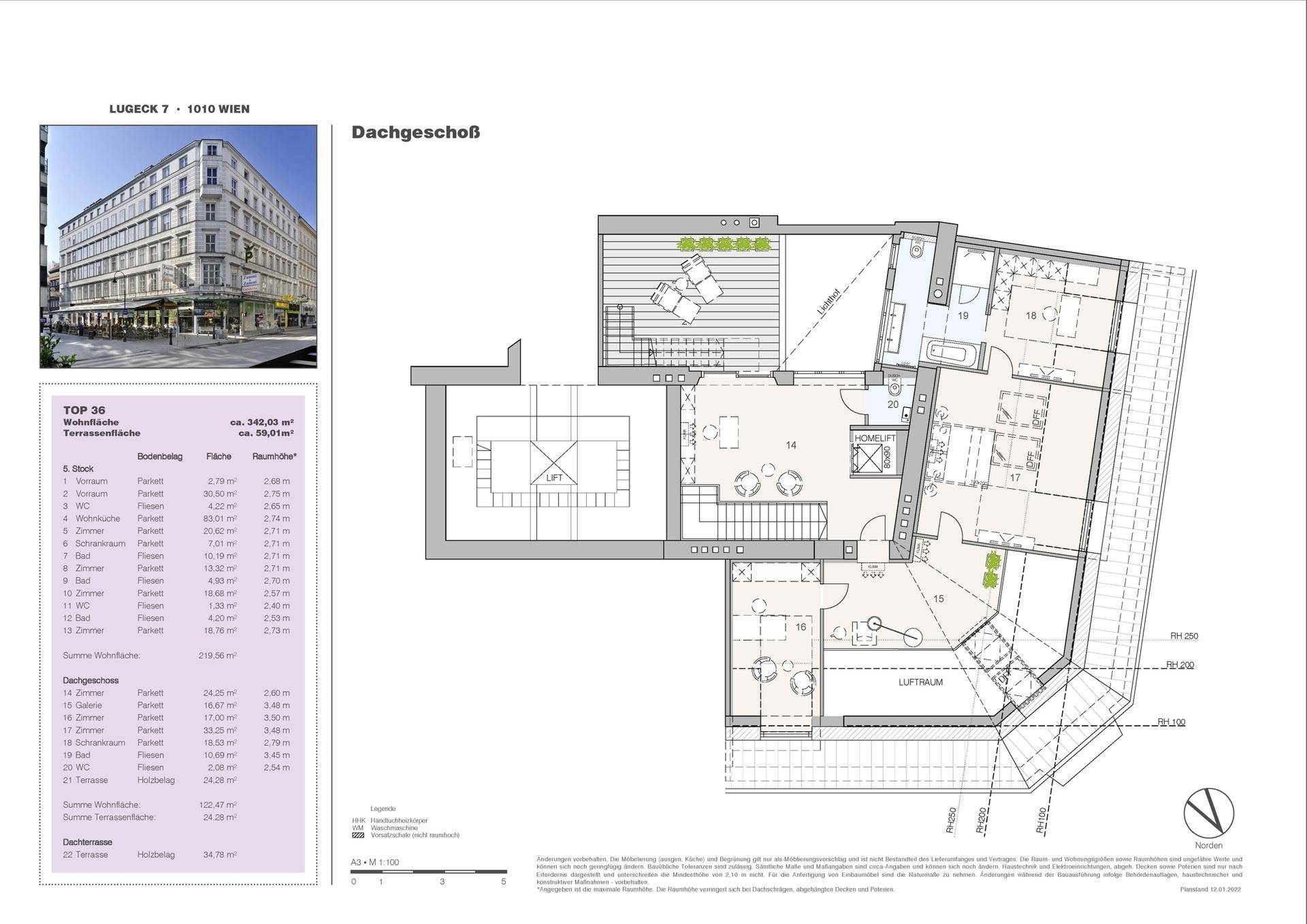 Grundriss des Dachgeschosses mit offener Raumgestaltung und Dachterrasse.