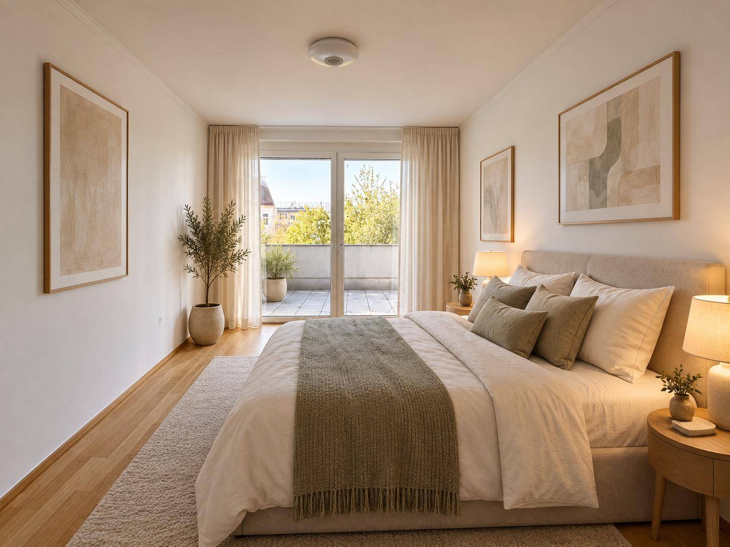 Gemütliches Schlafzimmer mit Balkonzugang, Holzboden und moderner, heller Einrichtung.