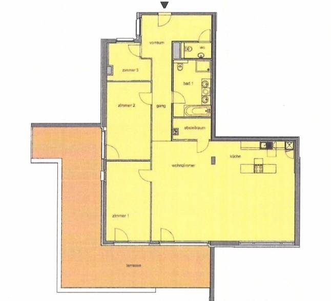 Grundriss der Wohnung mit drei Zimmern, offener Küche und großer Terrasse.