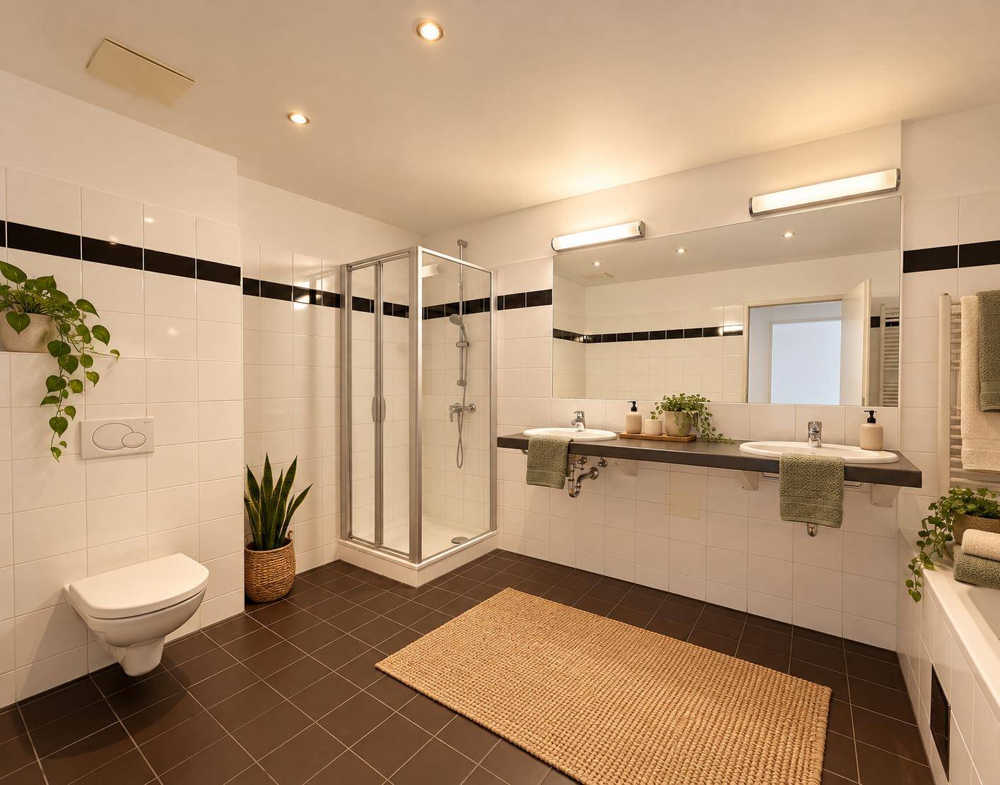 Modernes Badezimmer mit Dusche, Doppelwaschbecken und dunklen Bodenfliesen.