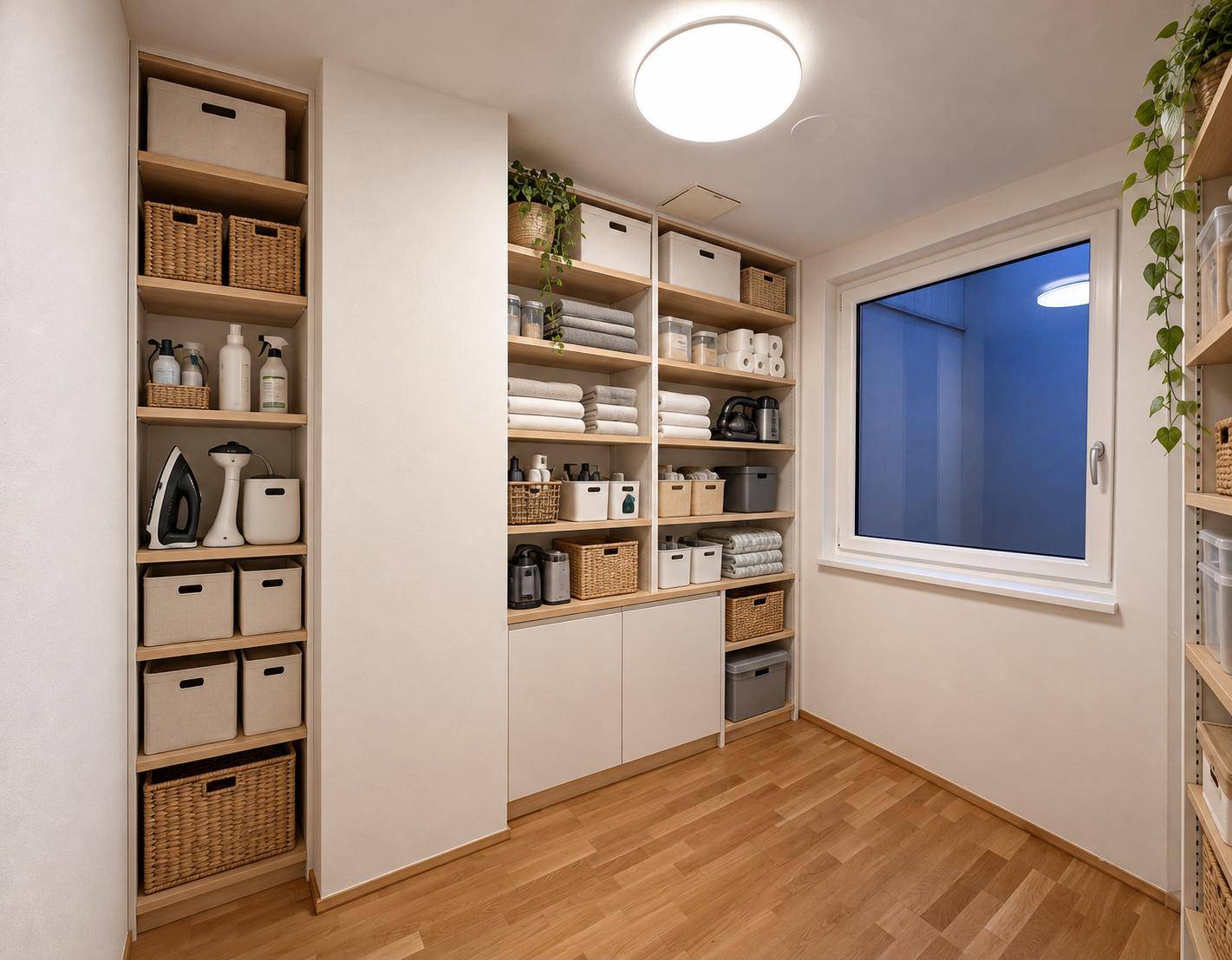 Praktischer Abstellraum mit vielen Regalen, Körben und einem Fenster für Tageslicht.