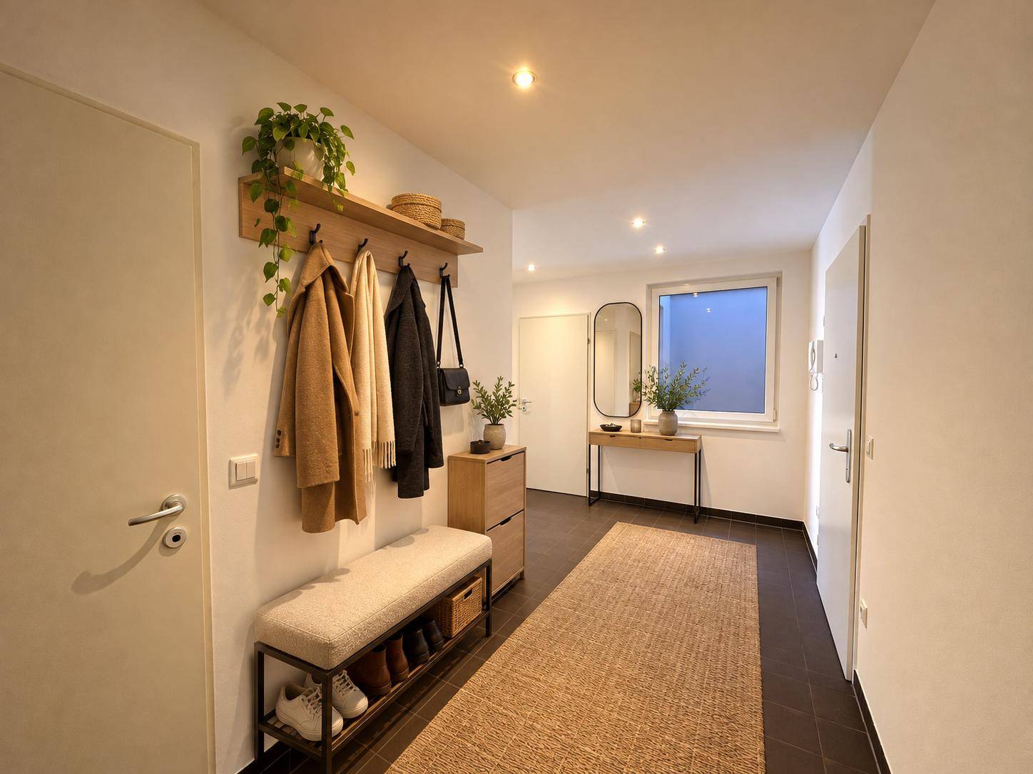 Heller Eingangsbereich mit Garderobe, Schuhbank und dunklen Bodenfliesen.
