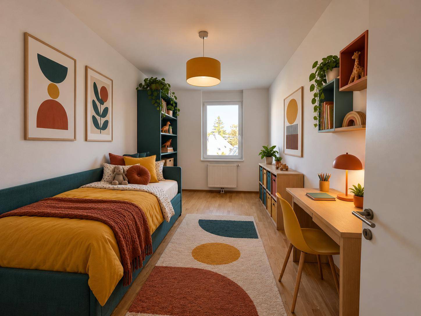 Fröhliches Kinderzimmer in Teal, Senfgelb und Terrakotta