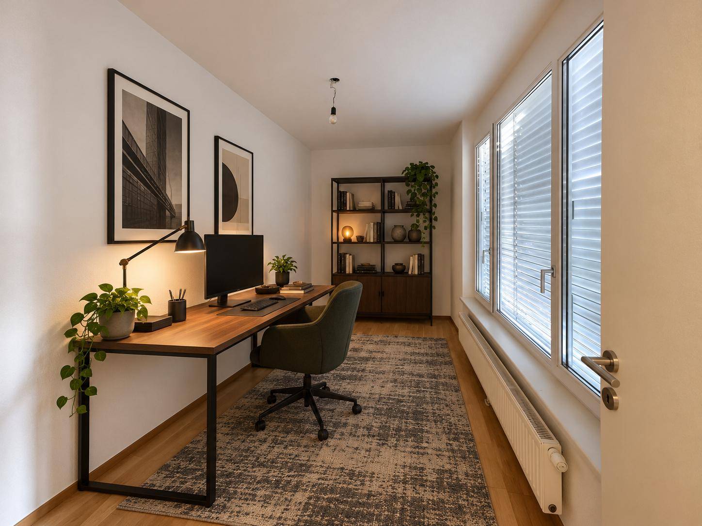 Modernes Industrie-Homeoffice in schmalem Raum