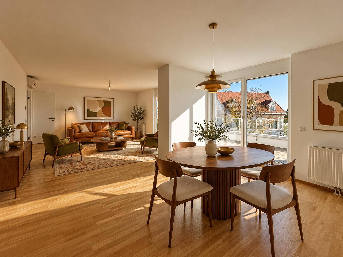 Warmes Mid-Century-Interieur mit Ess- und Wohnbereich