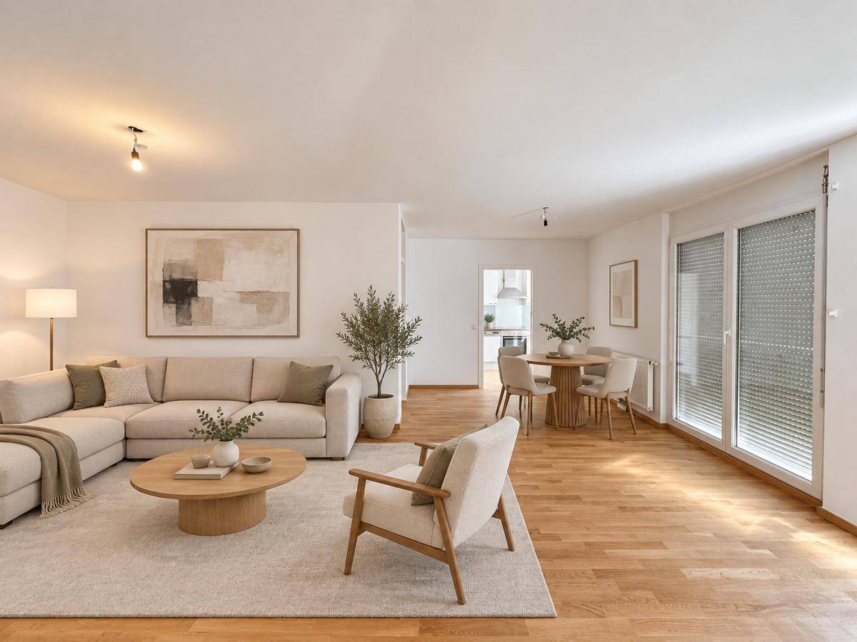 Geräumiges Wohn- und Esszimmer mit hellem Parkettboden und stilvoller Einrichtung.