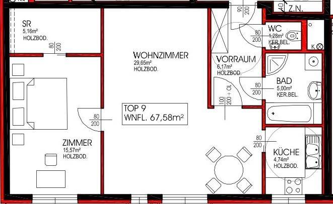 Grundriss der Wohnung Top 9 mit 67,58m² Wohnfläche, inklusive Wohnzimmer und Küche.
