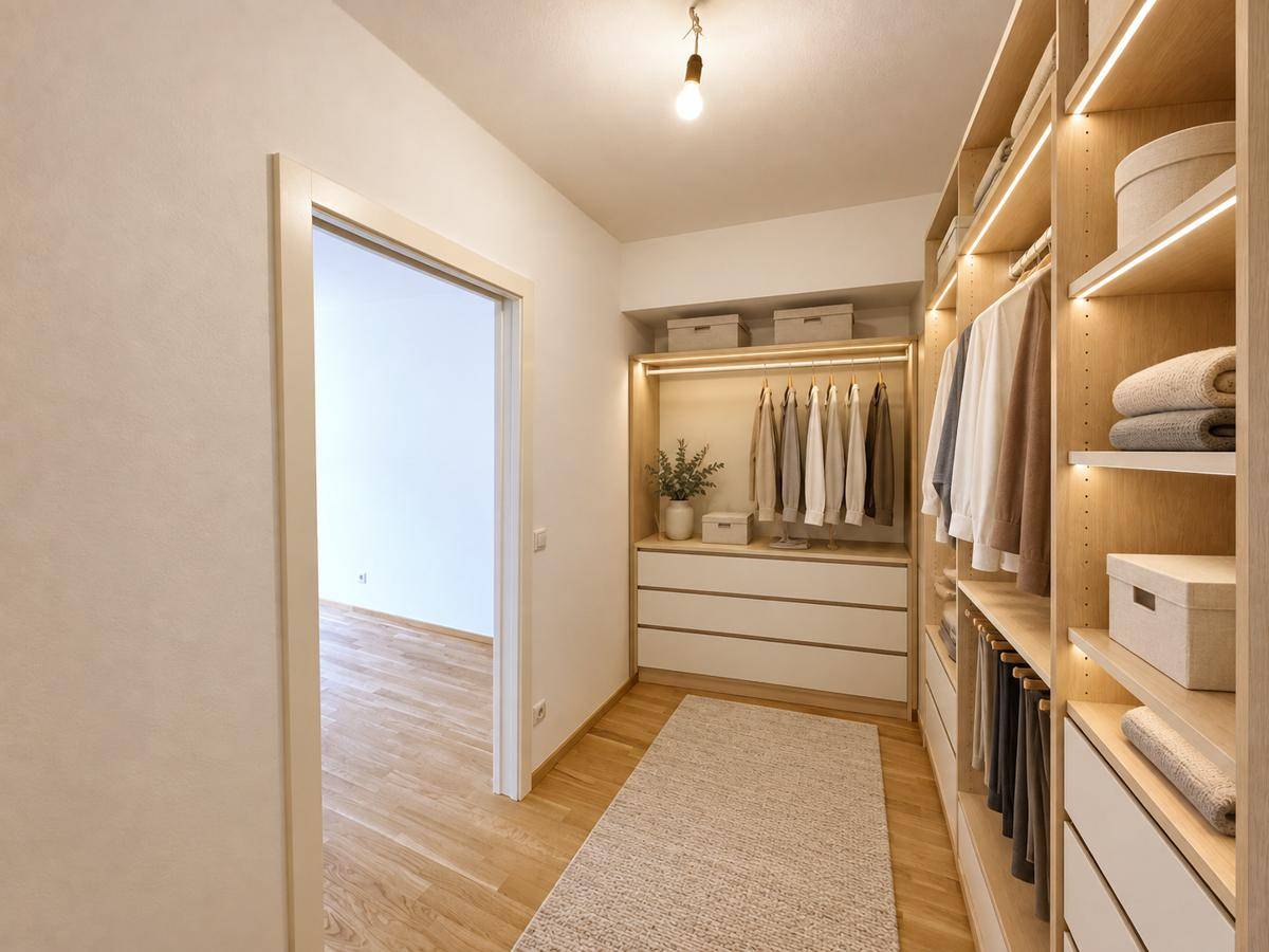 Begehbarer Kleiderschrank mit integrierten Regalen und Beleuchtung, bietet viel Stauraum.