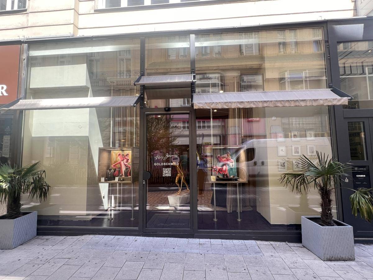 Breite Ansicht der Geschäftsfassade mit großen Schaufenstern, Markisen und dekorativen Pflanzenkübeln.