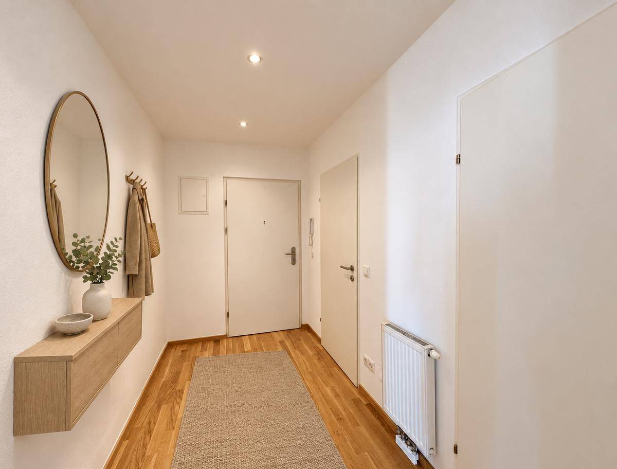Heller Eingangsbereich mit Holzboden, Spiegel und Garderobe, einladend gestaltet.