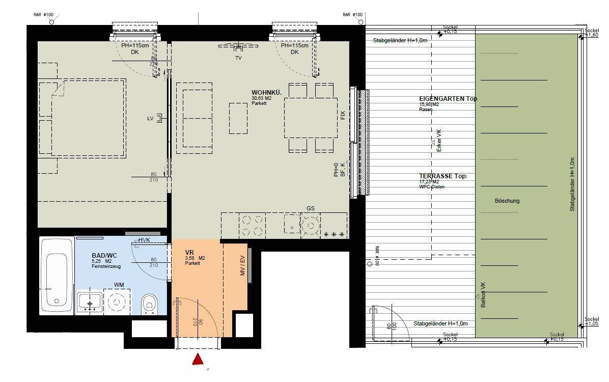 Grundriss einer Wohnung mit offenem Wohnbereich, Schlafzimmer, Bad und Terrasse.
