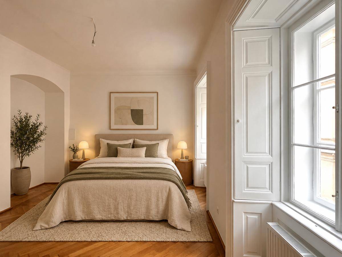 Gemütliches Schlafzimmer mit Doppelbett, Fischgrätparkett und großem Fenster für viel Licht.