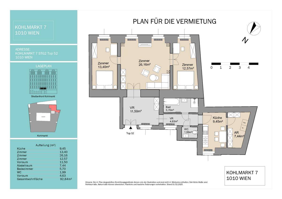 Detaillierter Grundriss der Wohnung mit Raumaufteilung und Flächenangaben.