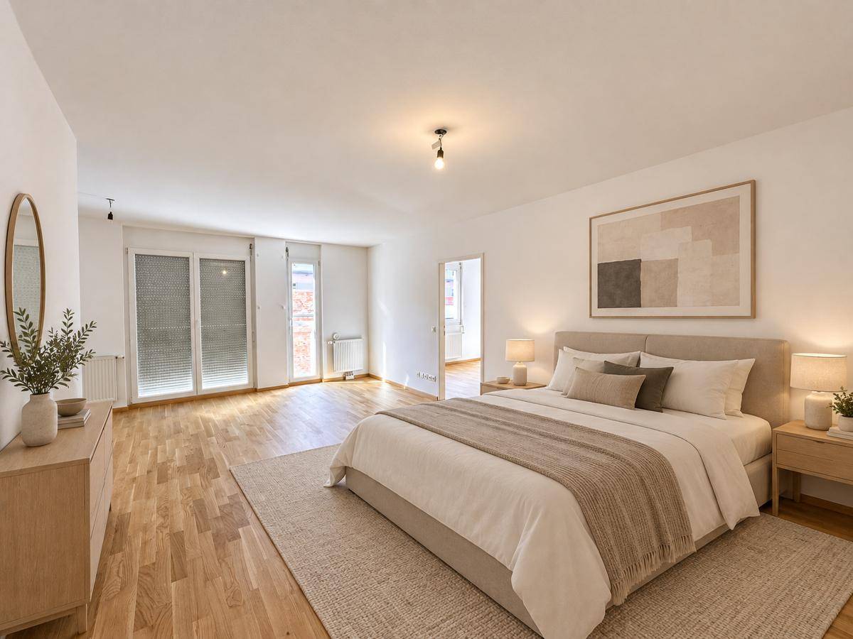 Helles Schlafzimmer mit Holzboden, großem Bett und Zugang zu einem französischen Balkon.