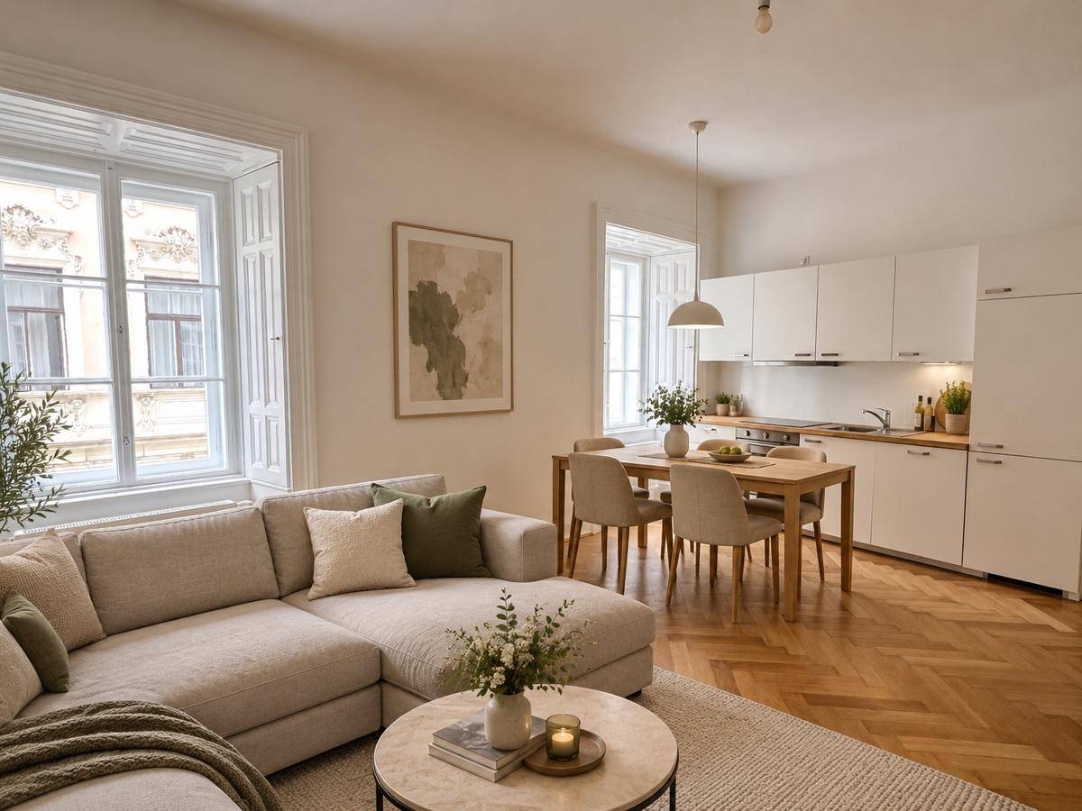 Helles Wohn- und Esszimmer mit offener Küche, Fischgrätparkett und modernen Möbeln.