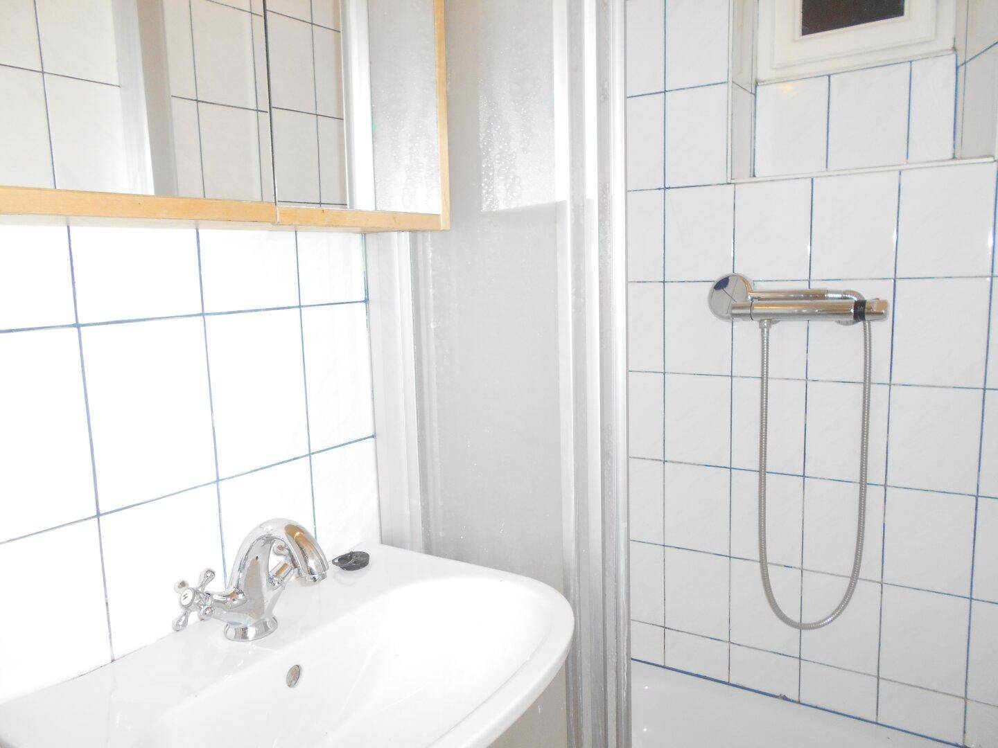 Badezimmer mit weißen Fliesen, blauem Fugenbild, Waschbecken und einer Duschkabine.