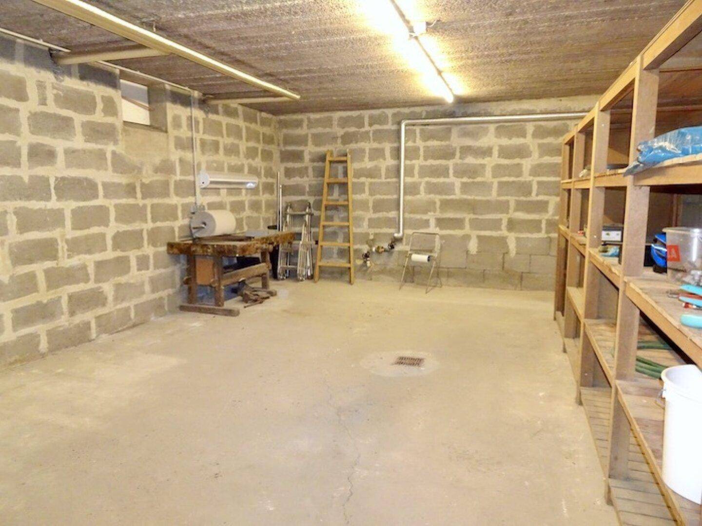 Geräumiger Kellerraum mit unverputzten Wänden, Werkbank und Regalen für Lagerzwecke.