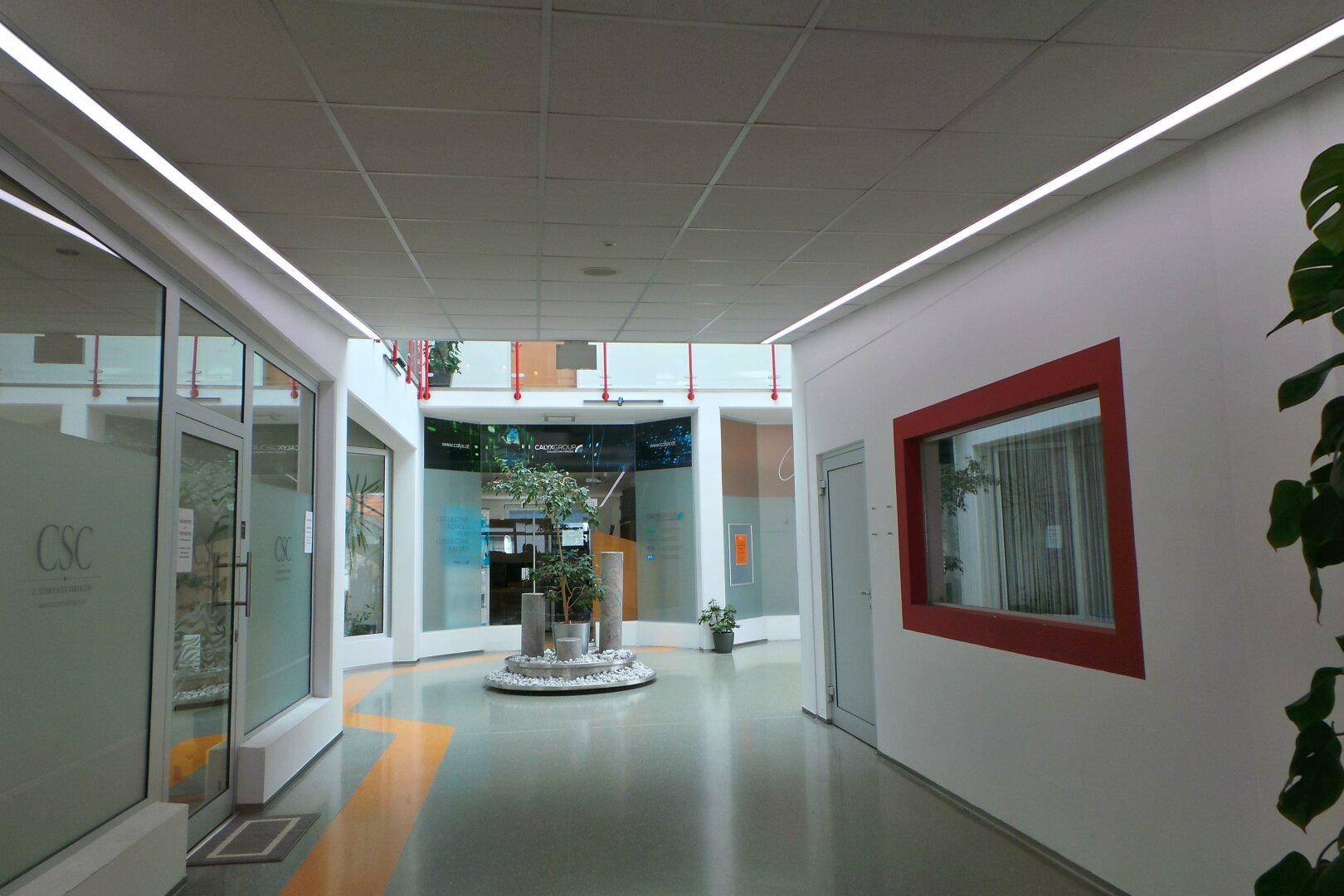 Weitläufiger Flur mit Blick auf ein offenes Atrium, Pflanzen und moderne Beleuchtung.