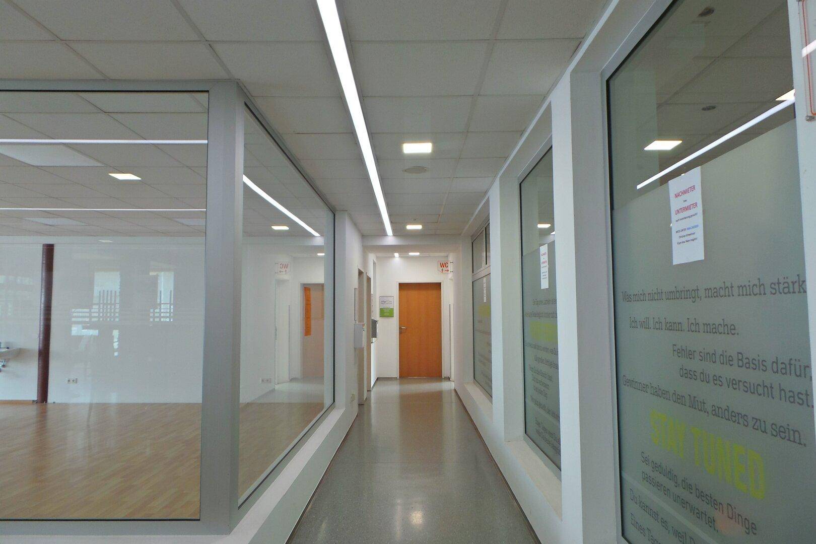 Moderner Flur mit Glaswänden, LED-Beleuchtung und Türen zu weiteren Räumen.