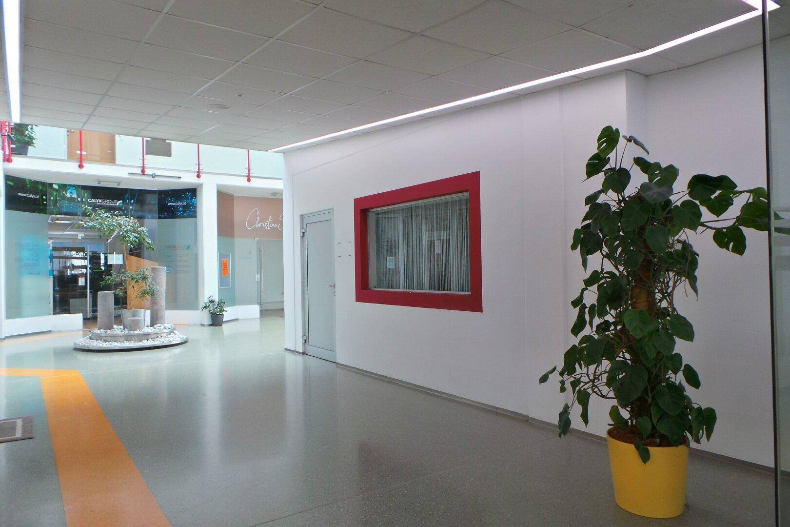 Geräumiger Flur mit Pflanzen, einem roten Fensterrahmen und Blick auf ein offenes Atrium.