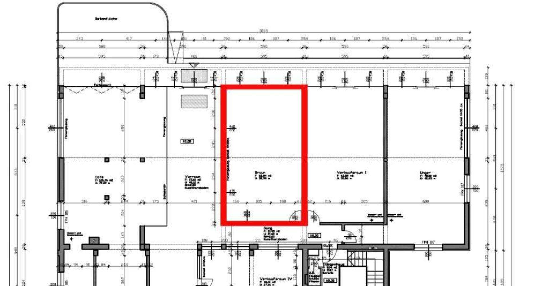 Grundrissplan eines Gebäudegeschosses mit hervorgehobener Mietfläche und Bemaßungen.