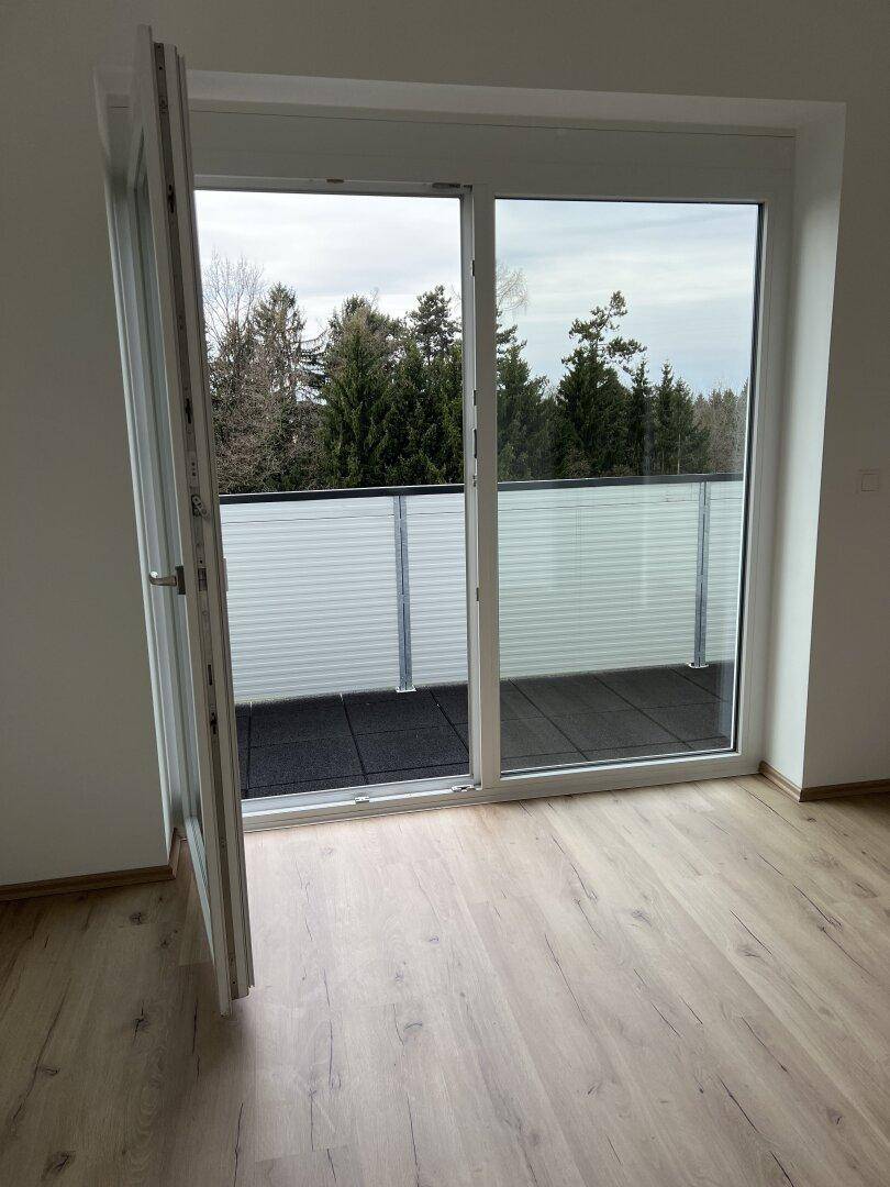 Heller Raum mit Laminatboden und großem Fenster mit Zugang zu einem Balkon.