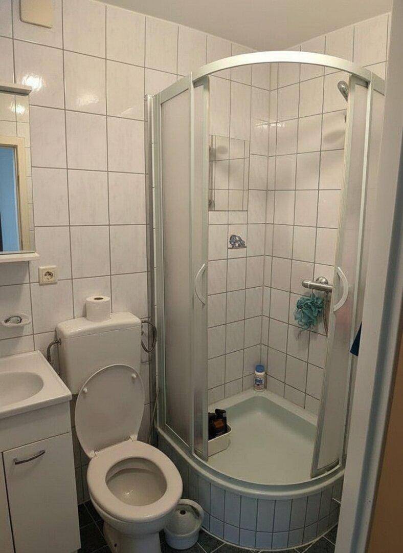 Funktionales Badezimmer mit Duschkabine, WC und Waschbecken, gefliest in Weiß und Grau.