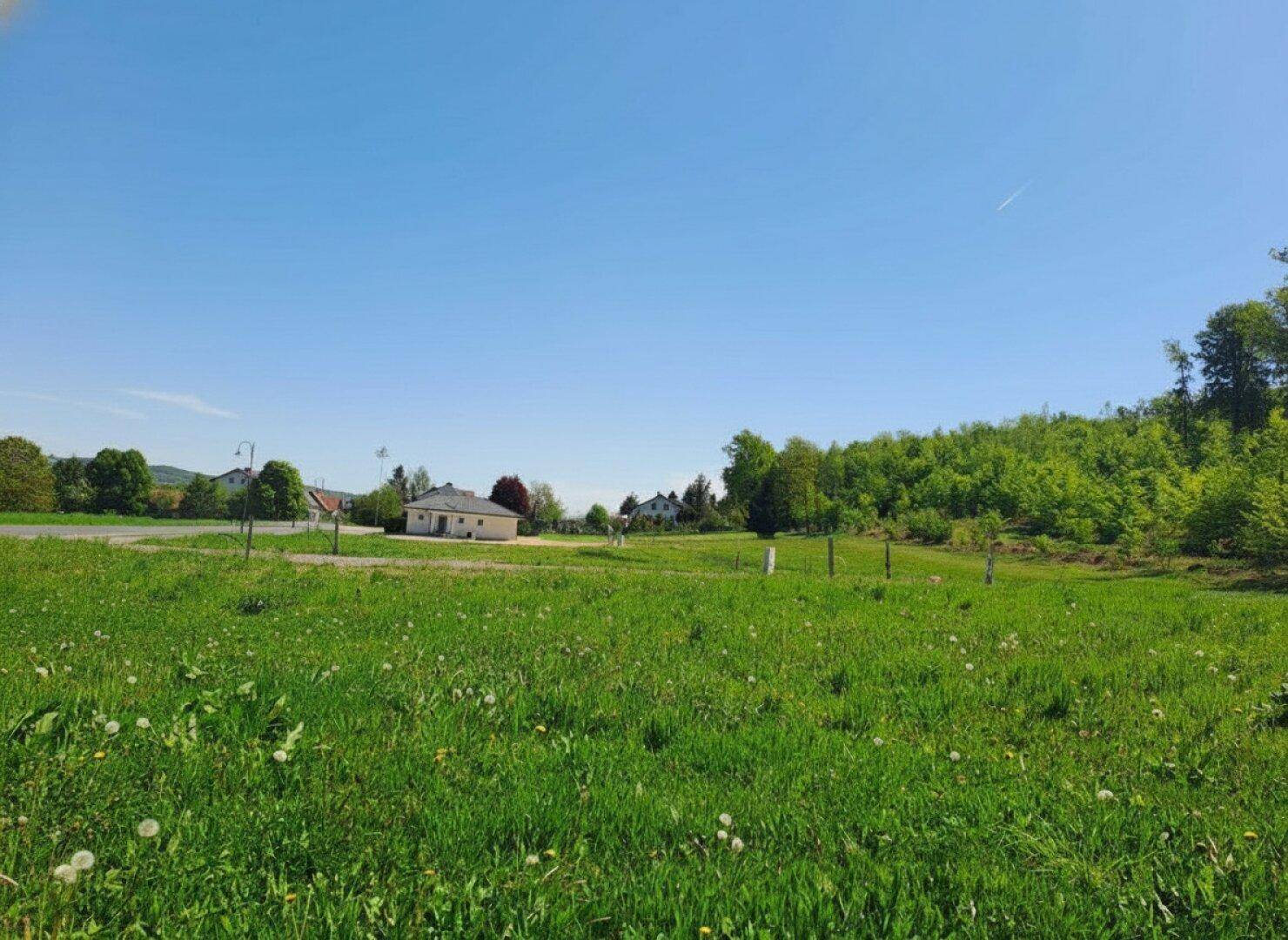 Offenes Feld mit Blick auf vereinzelte Häuser und bewaldete Hügel in der Ferne.