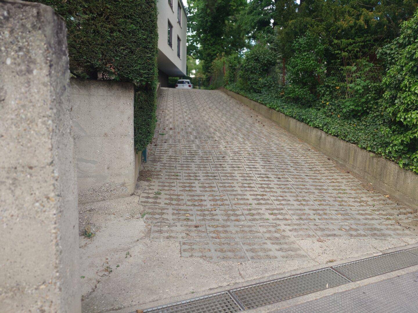 Zufahrt zur Tiefgarage mit gepflasterter Rampe, umgeben von grünen Hecken und Bäumen.