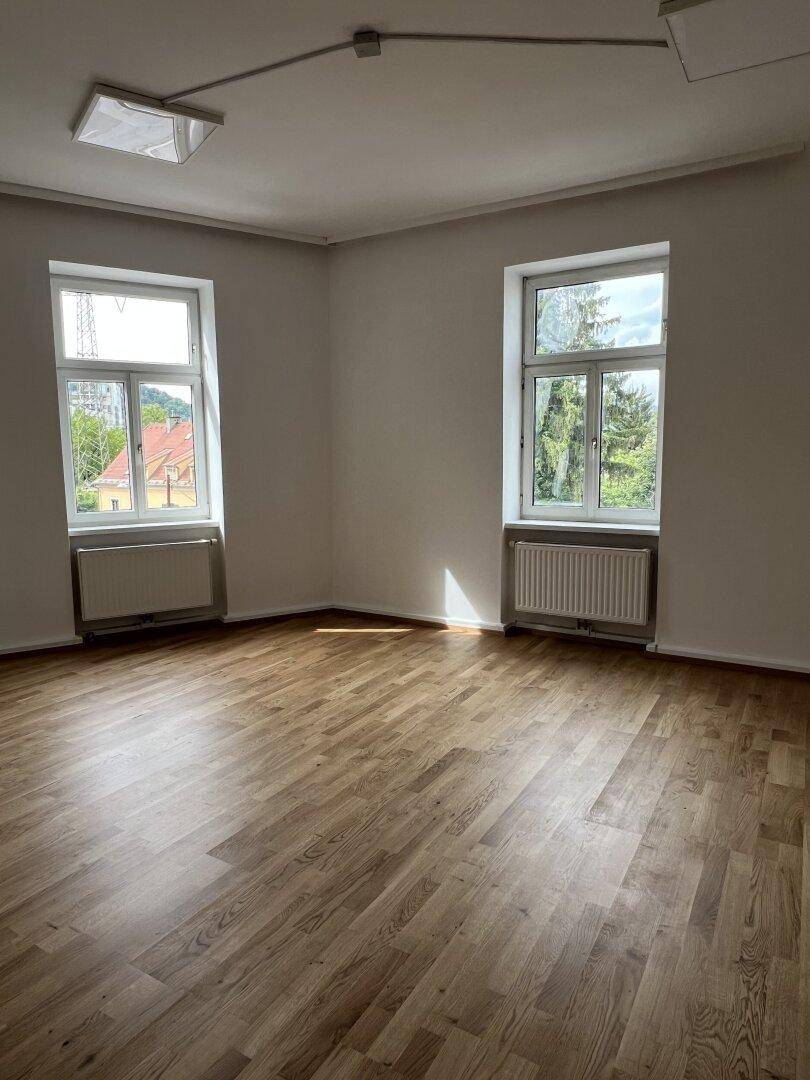 Heller, leerer Raum mit Laminatboden und zwei Fenstern, die viel Tageslicht hereinlassen.