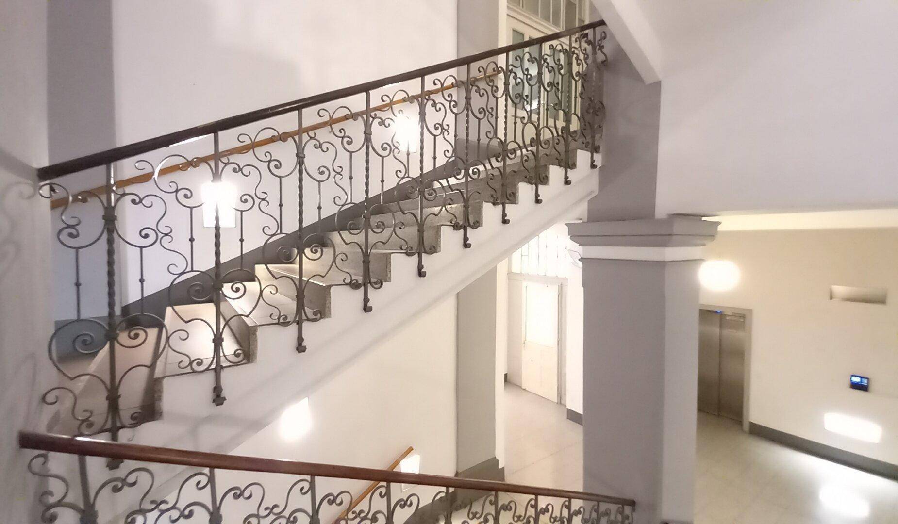 Elegantes Treppenhaus mit kunstvollem schmiedeeisernem Geländer und Holzhandlauf, inklusive Aufzug im Hintergrund.