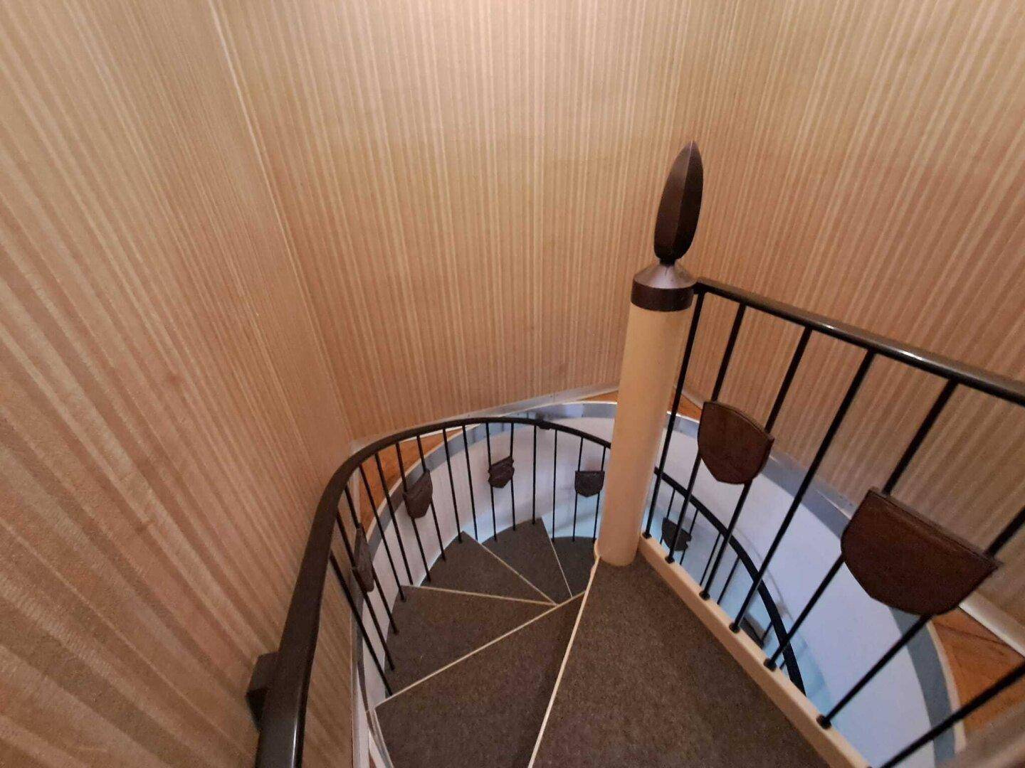 Blick von oben auf eine geschwungene Wendeltreppe mit dunklem Geländer und Holzverkleidung.