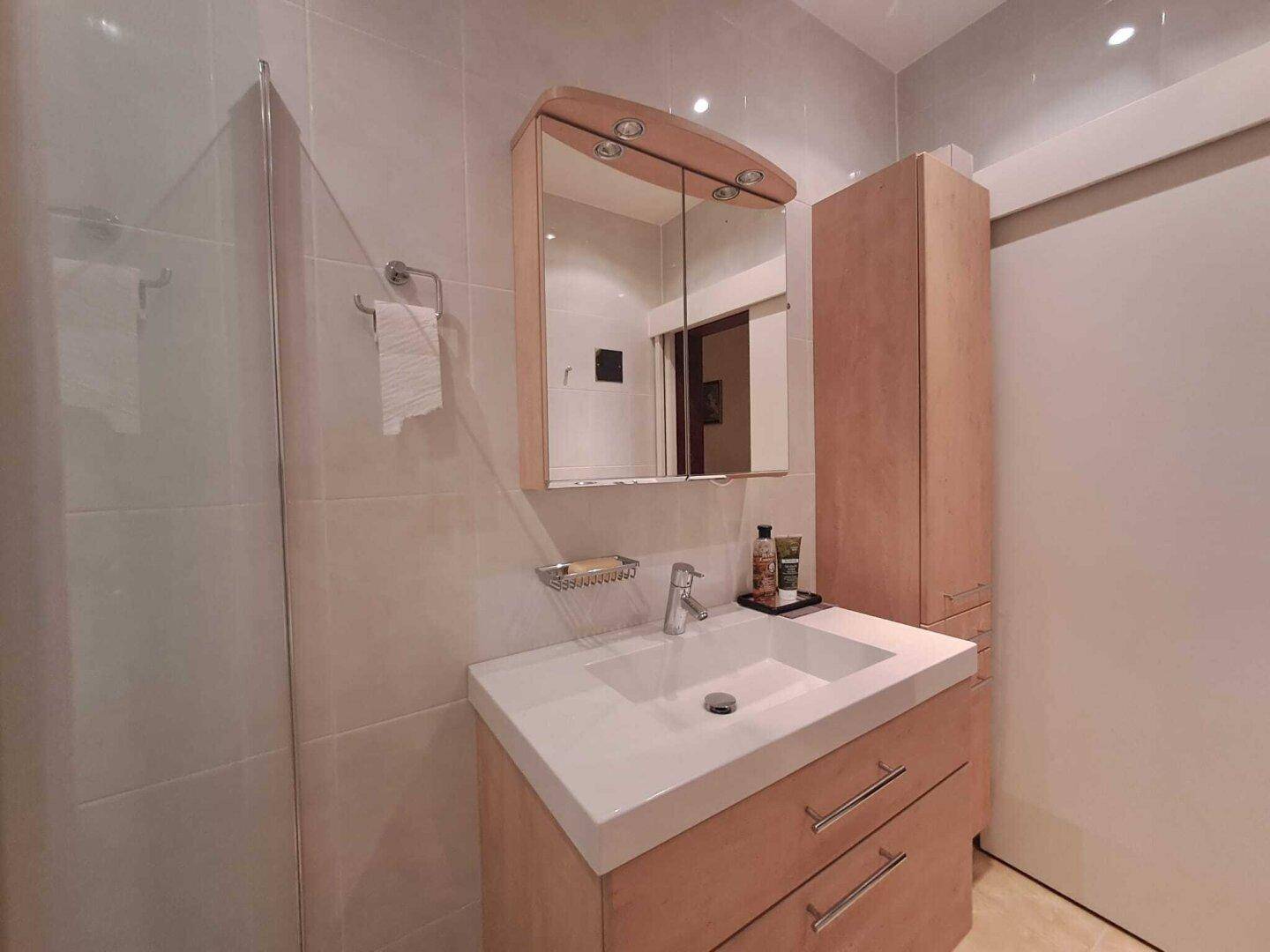Modernes Badezimmer mit hellem Waschtisch, Spiegelschrank und begehbarer Dusche.