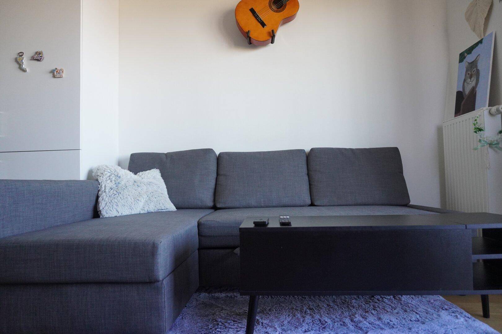 Gemütliches Wohnzimmer mit grauem Ecksofa, Teppich und Wanddekoration.