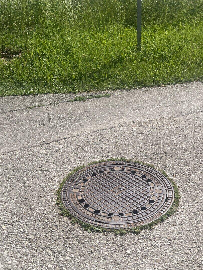 Runder Kanaldeckel auf einem asphaltierten Weg, umgeben von Gras und Grünflächen.