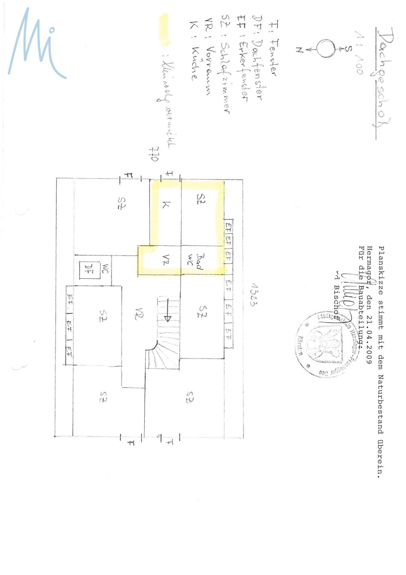 Grundriss des Dachgeschosses mit Schlafzimmern, Bad und Dachfenstern.