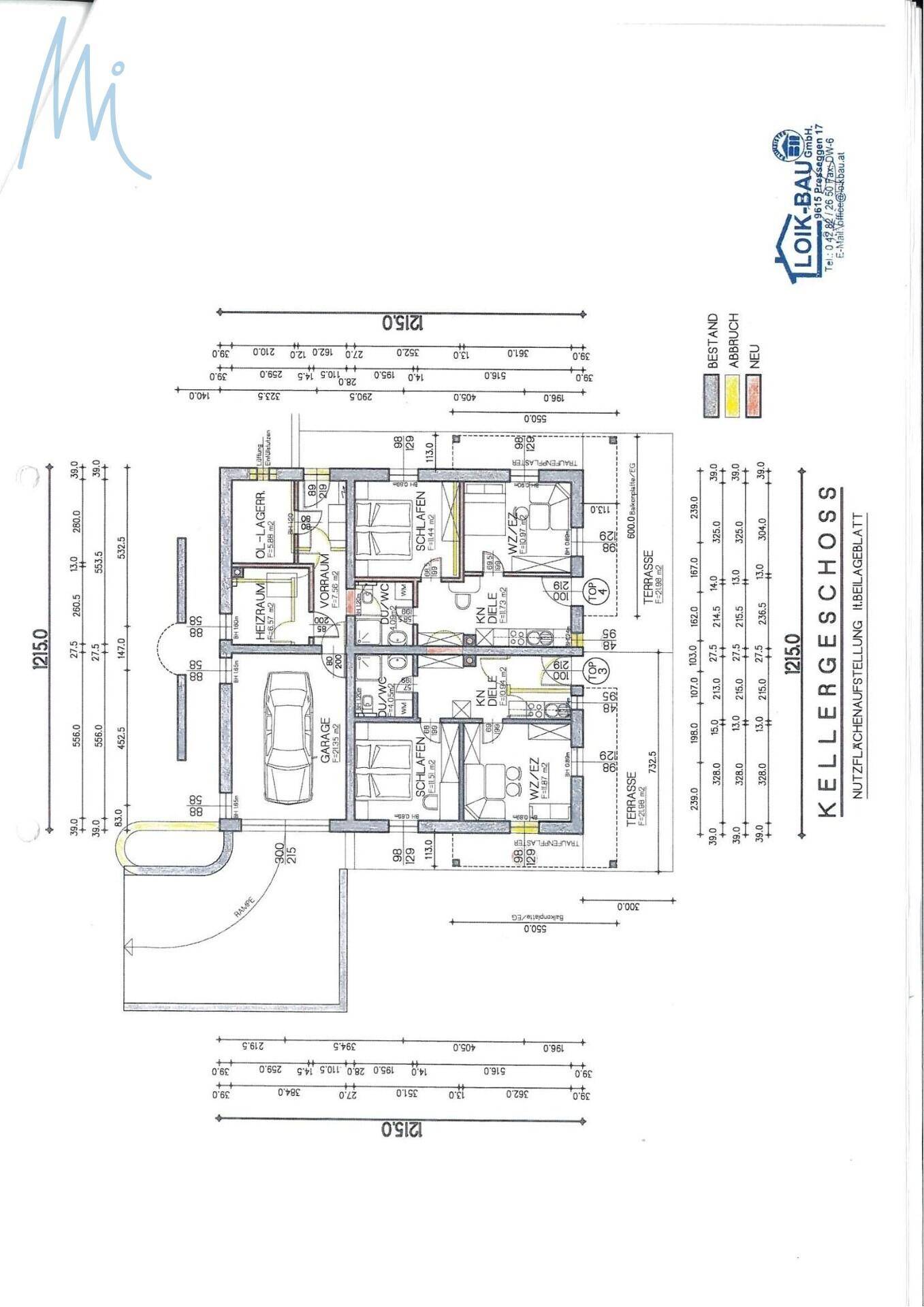 Grundrissplan des Kellergeschosses mit Nutzflächenaufteilung und Garagenzugang.