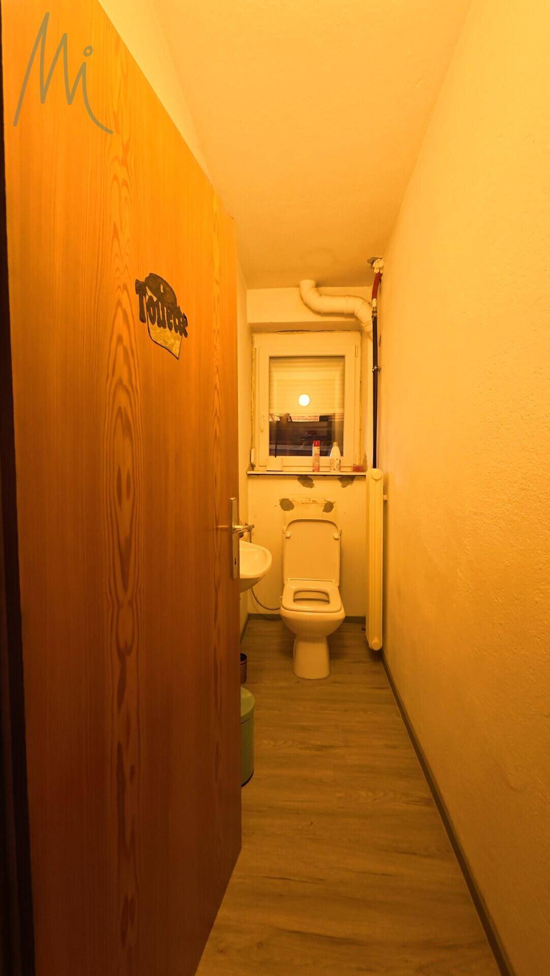 Separate Toilette mit Fenster, Waschbecken und Holztür.
