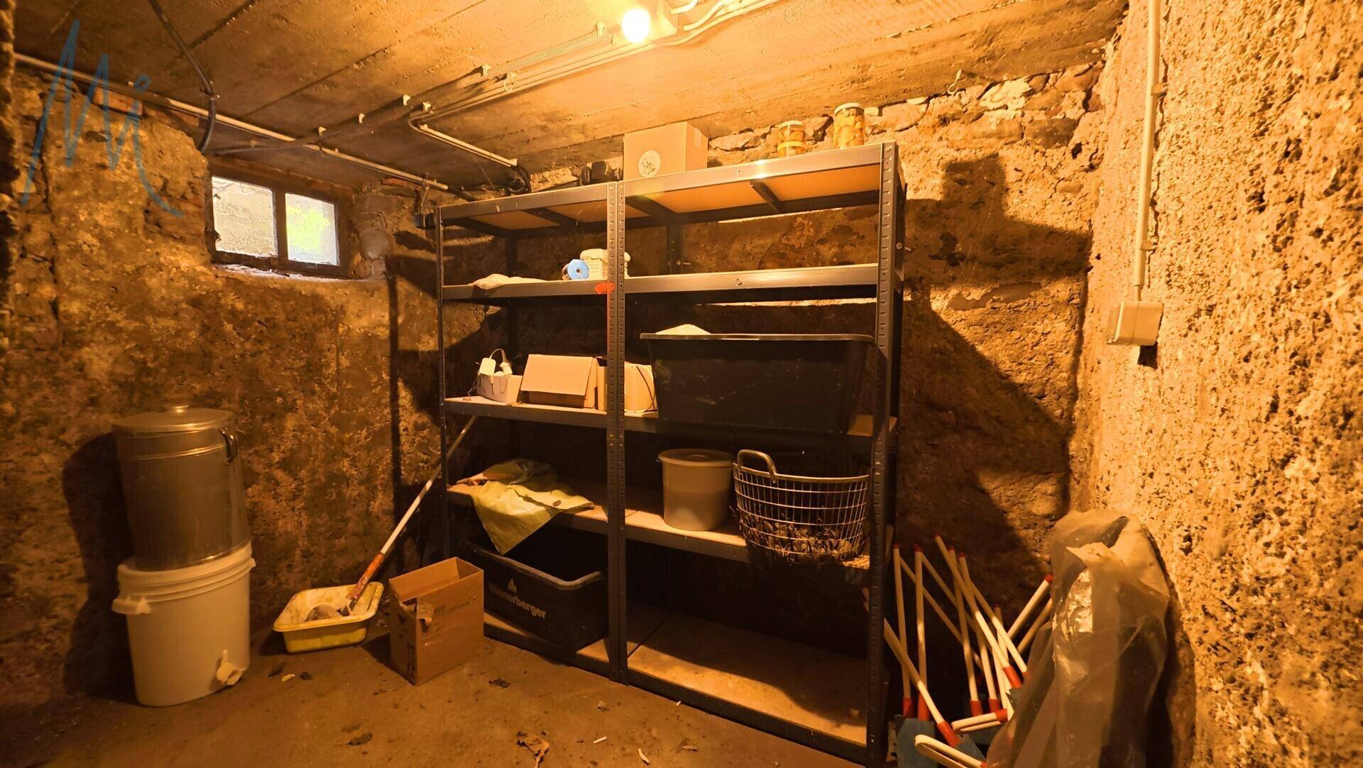 Geräumiger Keller mit Regalen für Lagerung und kleinen Fenstern.