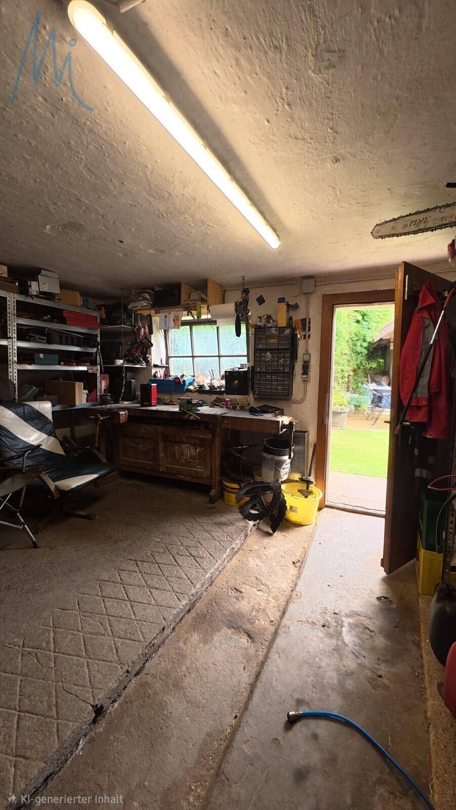 Werkstatt mit großer Werkbank, Regalen und direktem Zugang zum Garten.