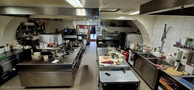 Große, professionelle Küche mit Edelstahlgeräten, Arbeitsflächen und Fliesenwänden, bereit für den Betrieb.