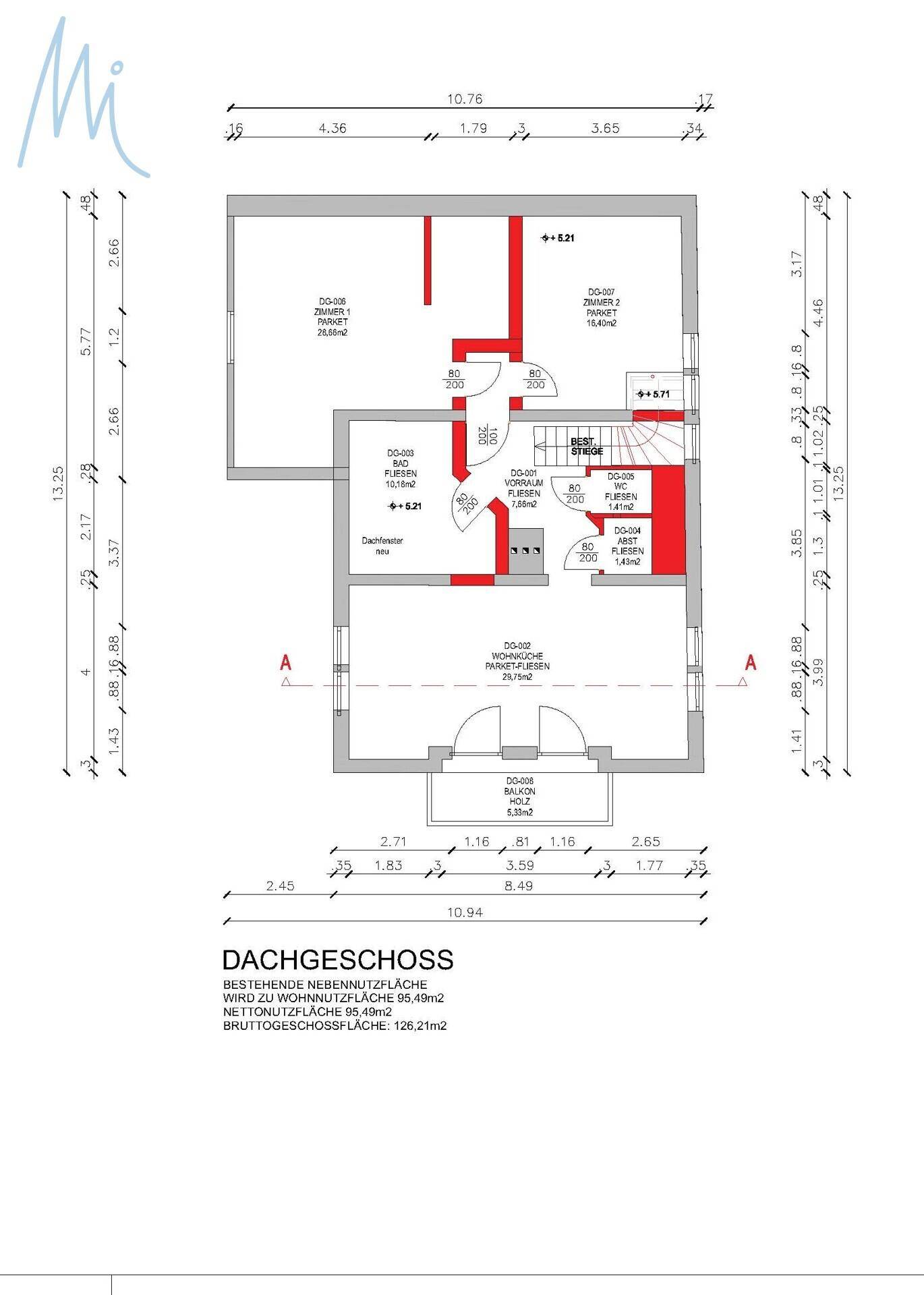 Grundriss des Dachgeschosses mit Schlafzimmern und Bad.