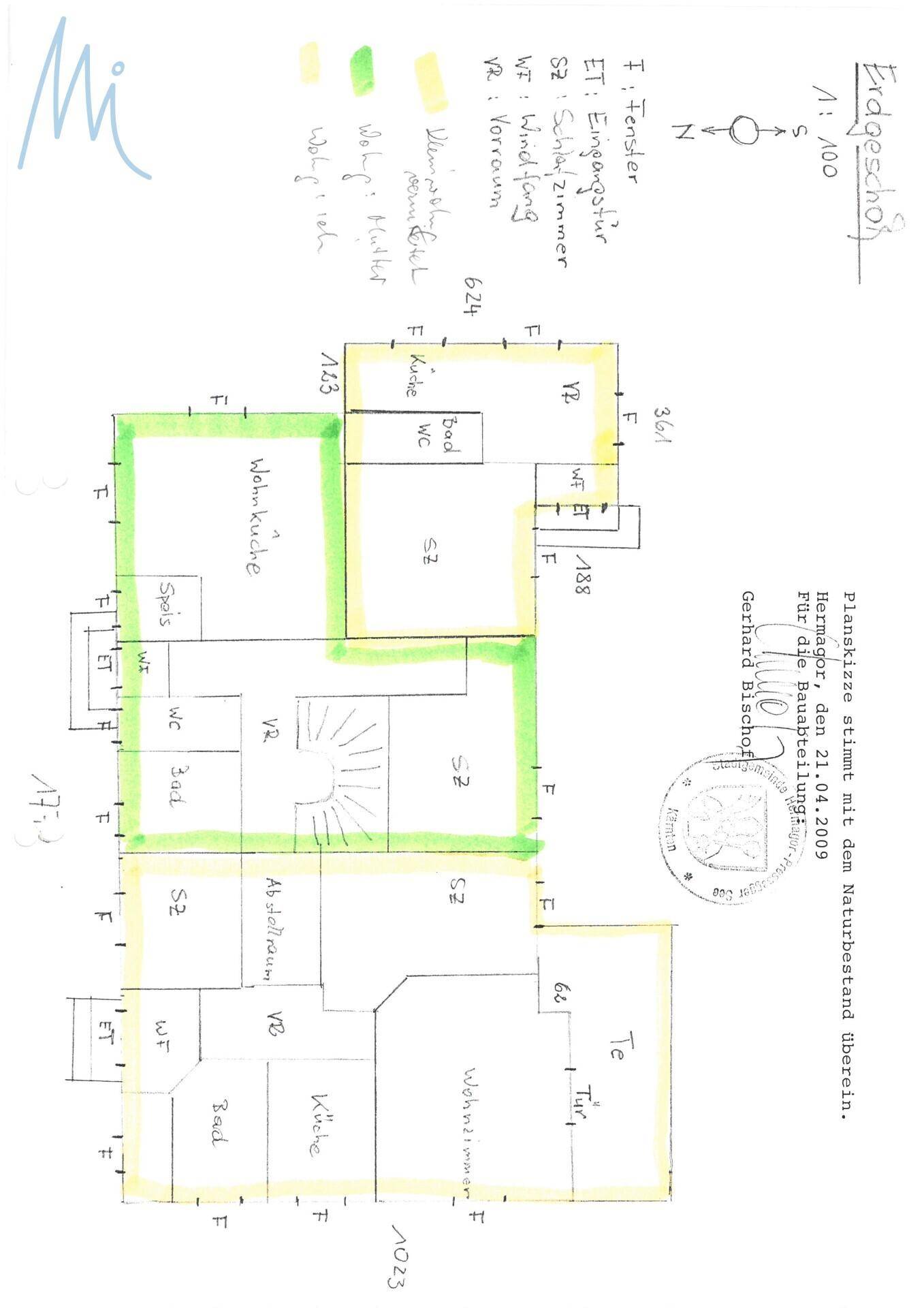 Grundriss des Erdgeschosses mit Wohnküche, Schlafzimmern und Terrasse.
