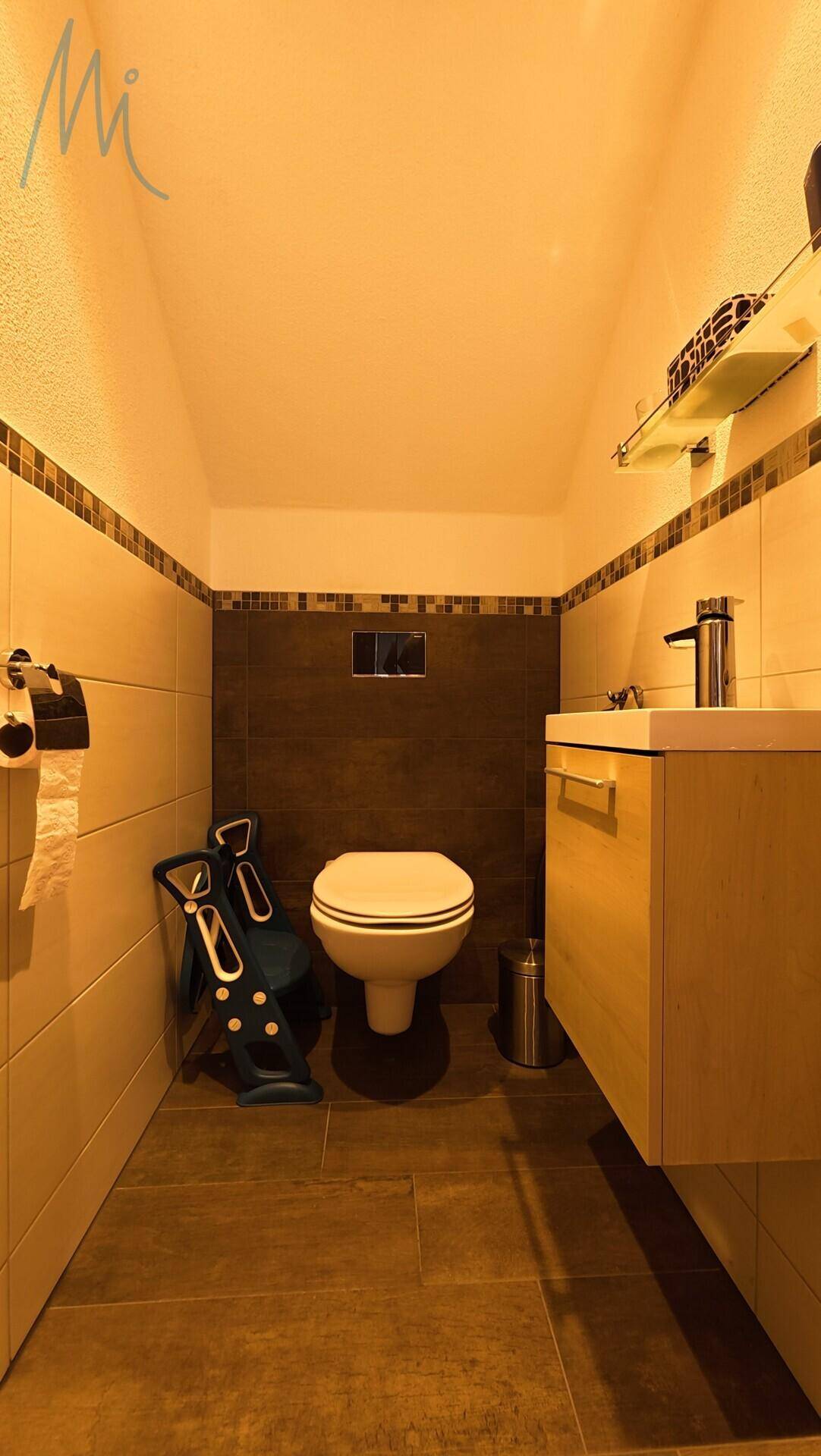 Kleines Gäste-WC mit Wand-WC, Waschbecken und Fliesen in warmen Farbtönen.