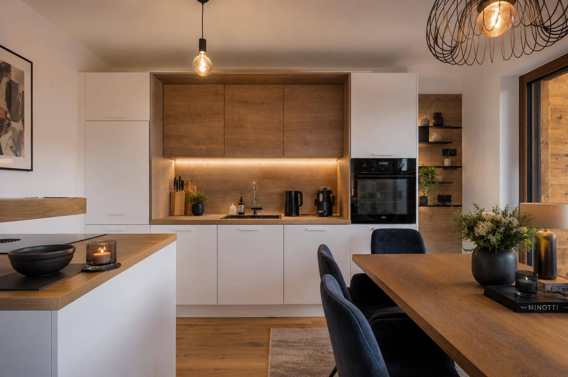 Moderne Küche mit weißen und holzfarbenen Schränken, integrierten Geräten und einem Essbereich.